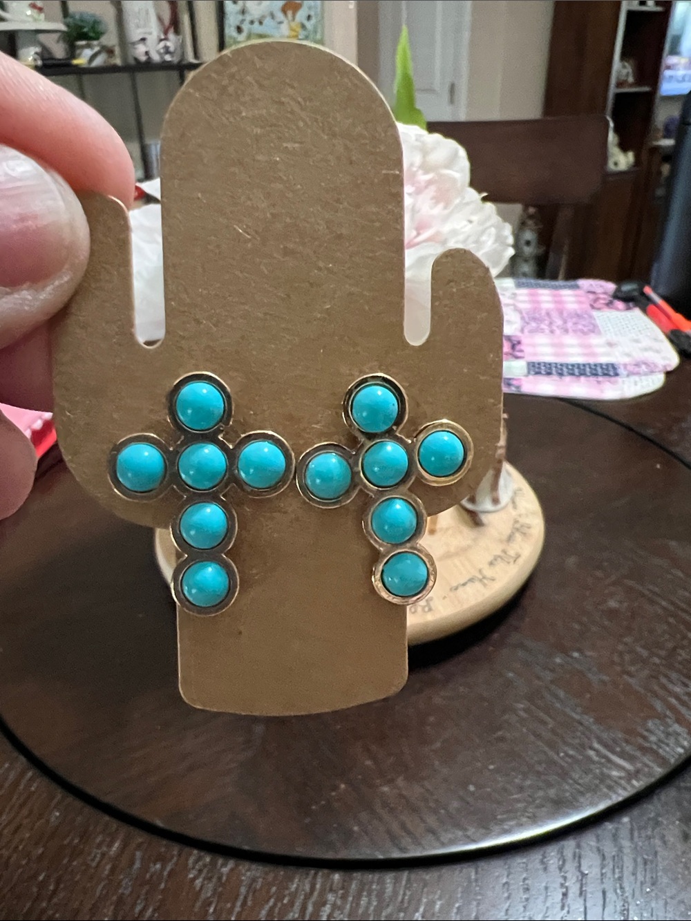 Source Unknown Gold-Tone Cross Earrings with Turquoise Cabochons